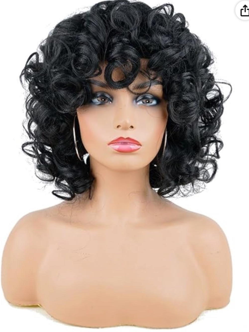 New In Box, Black Loose Curls Bob with Bangs Synthetic 14" Wig, and Wig Cap